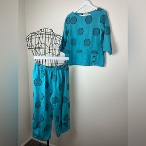 CHALET Linen Blend Lagenlook Boho Blue Polka Dot Pants Set size Small